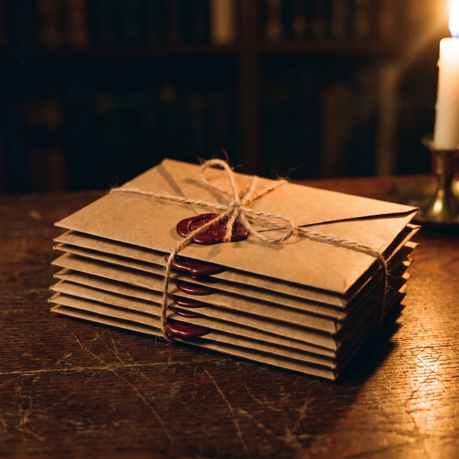 A stack of kraft envelopes, each closed with a red wax seal, bound in twine on a dark oak table